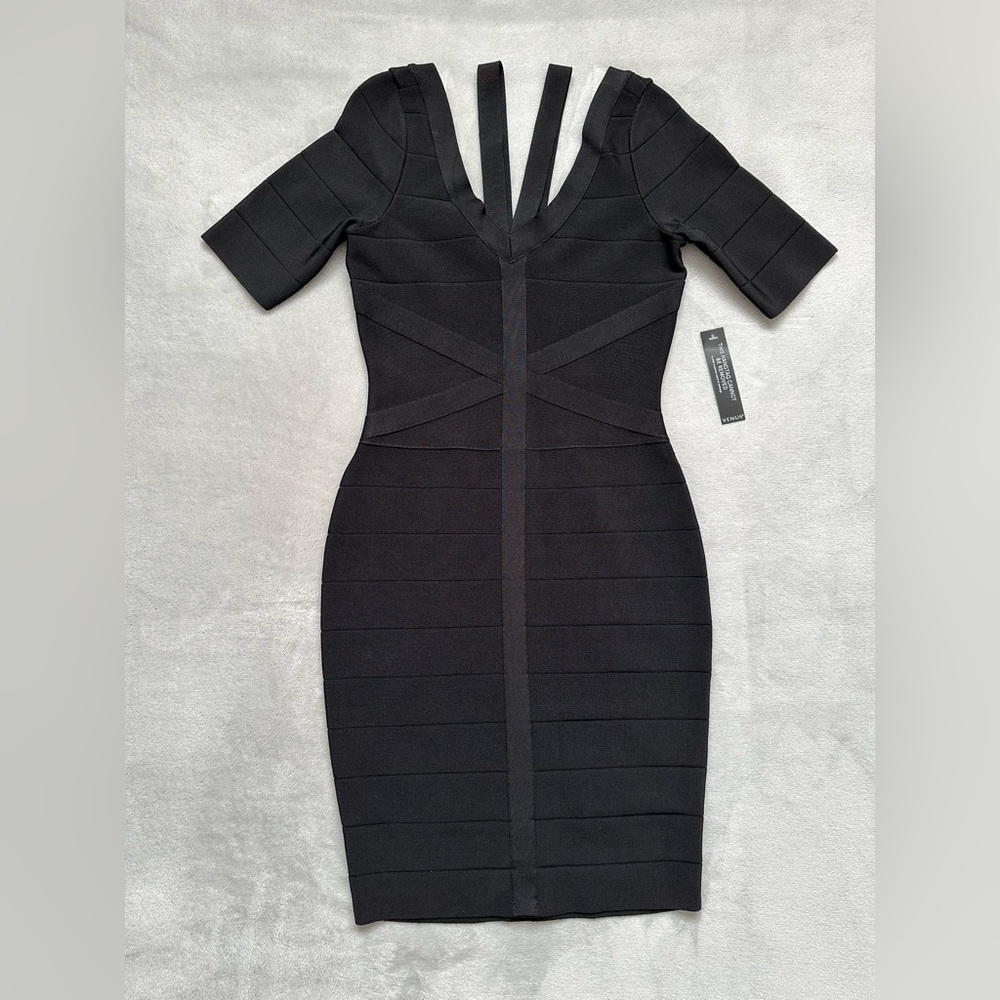 Bodycon Bandage Black Dress with Strap Detail, Size S